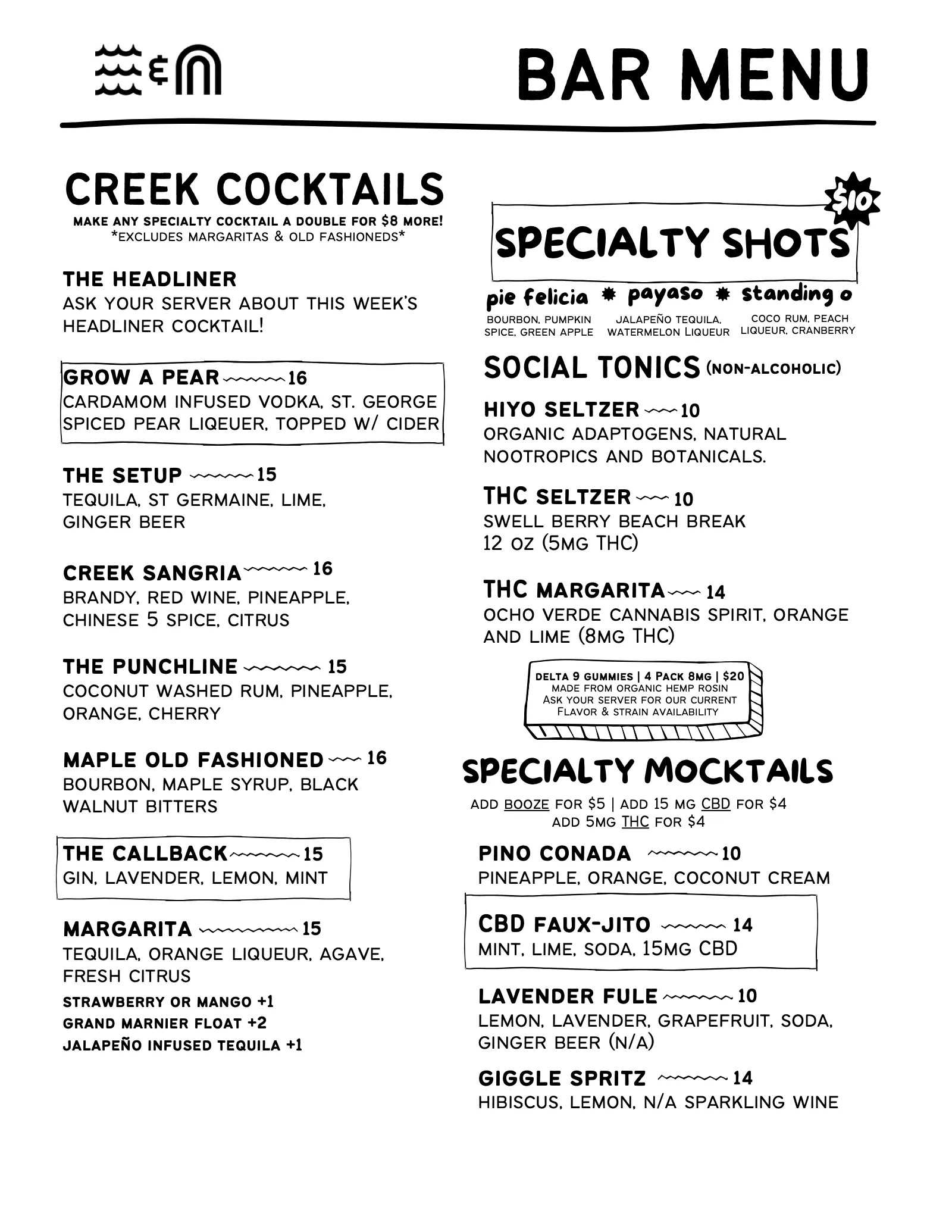 Bar menu: Creek cocktails, specialty shots, social tonics and specialty mocktails
