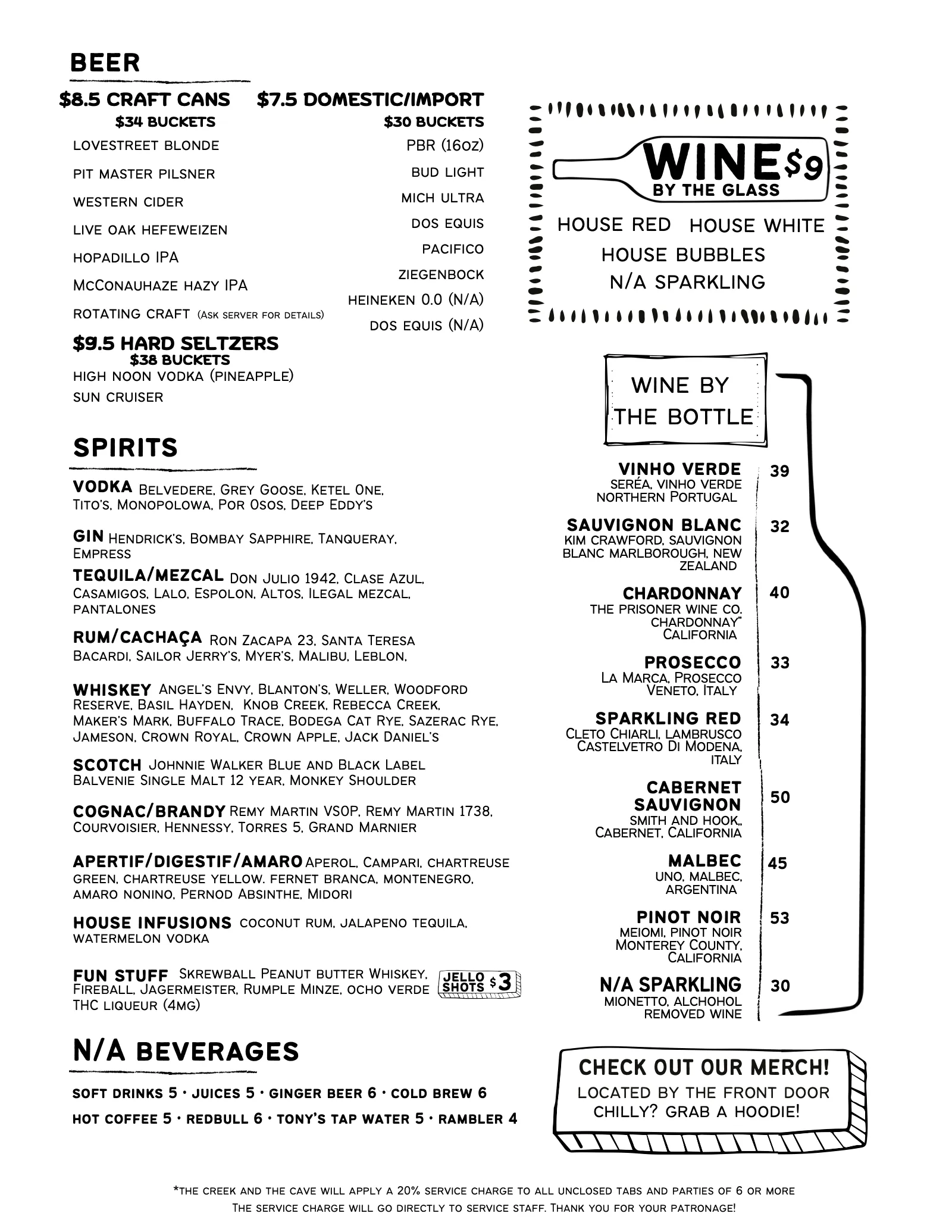 Bar menu: beer, spirits, wine by the glass and bottle, and non-alcoholic beverages