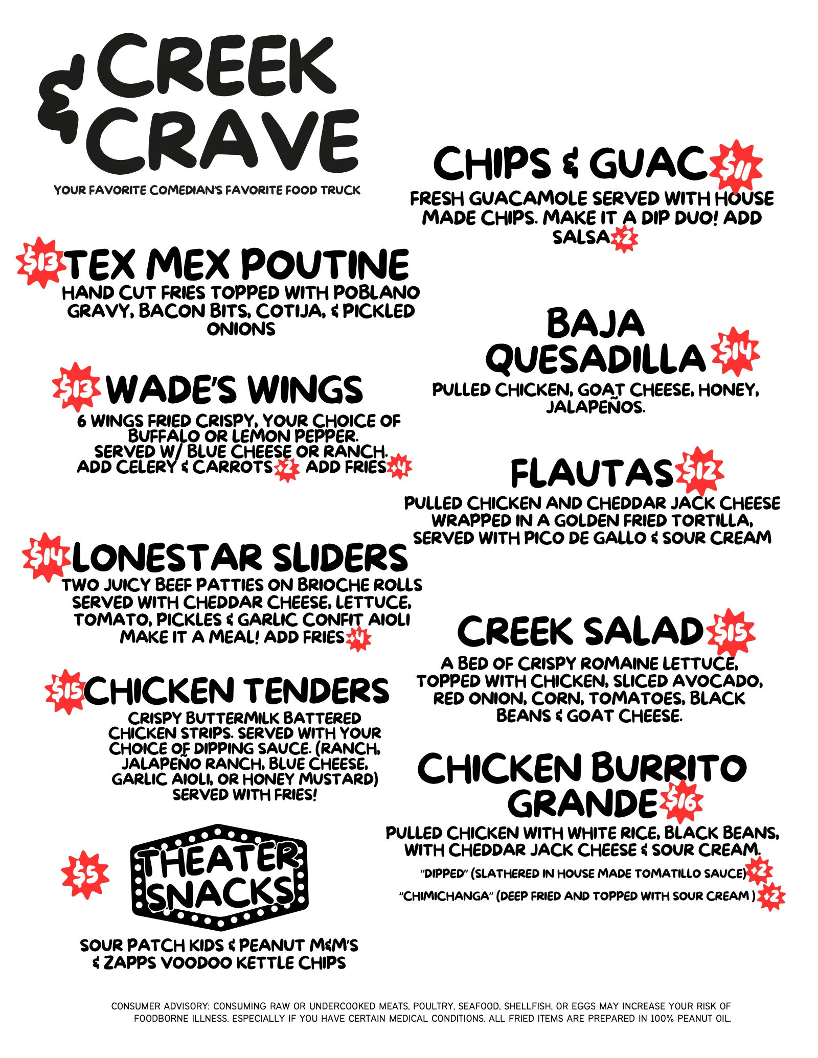 Creek & Crave food menu: poutine, wings, sliders, tenders, chips and guac, quesadilla, flautas, salad, burrito and theater snacks