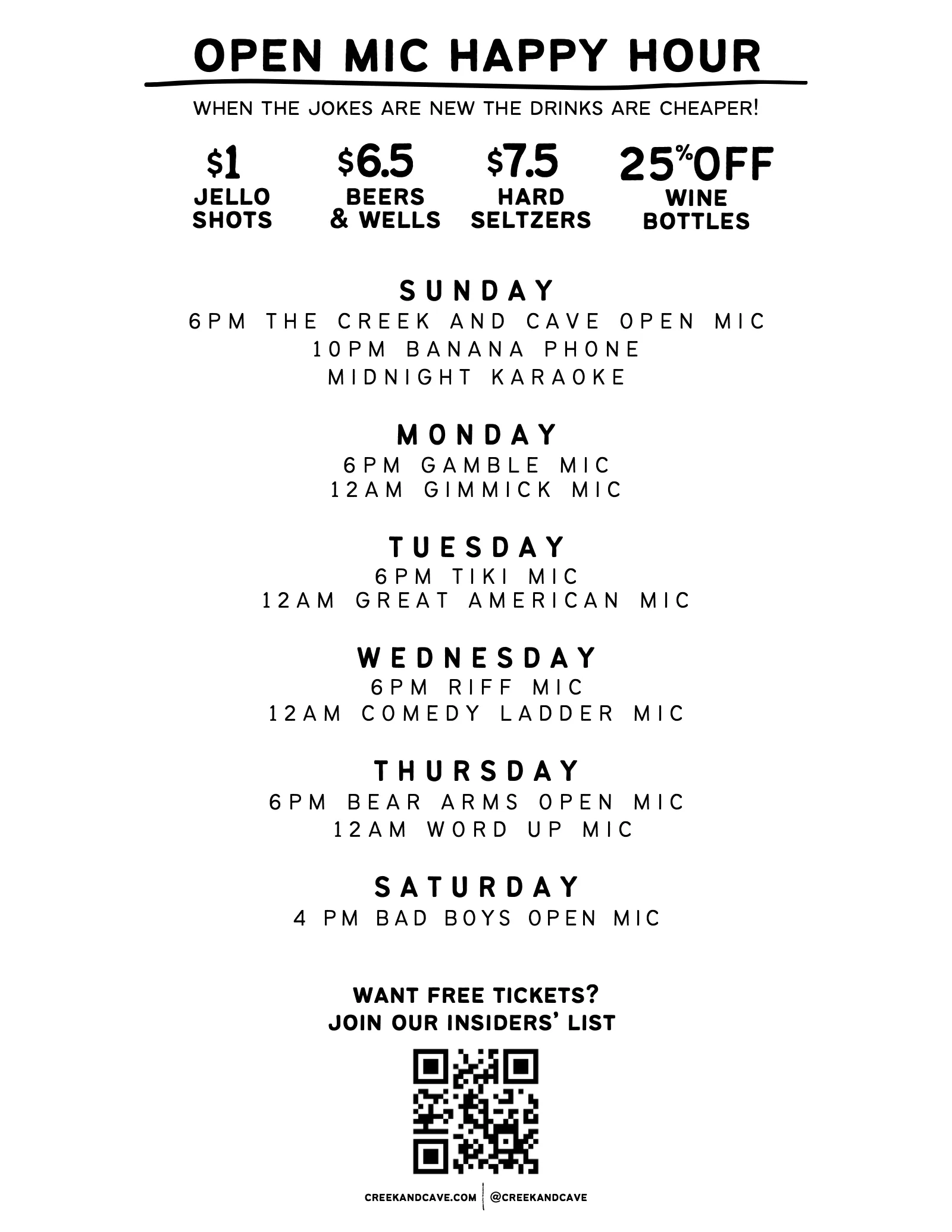 Open mic happy hour specials and weekly open mic schedule